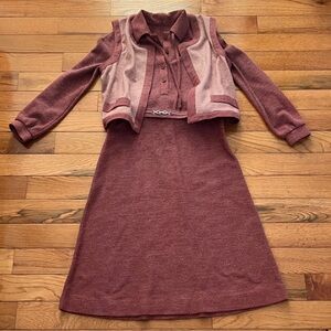 Vintage Butte Knit Maroon Dress and Vest Set with Belt - Size 12